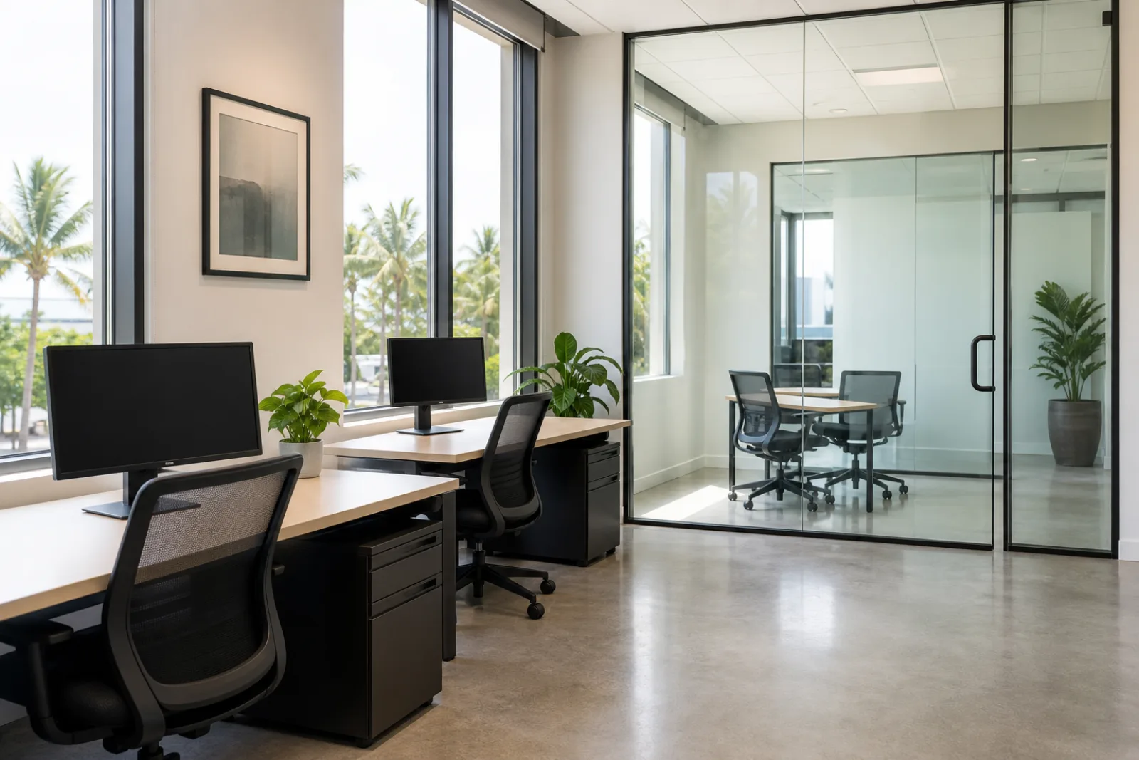 Freshly cleaned office with polished floors and glass walls